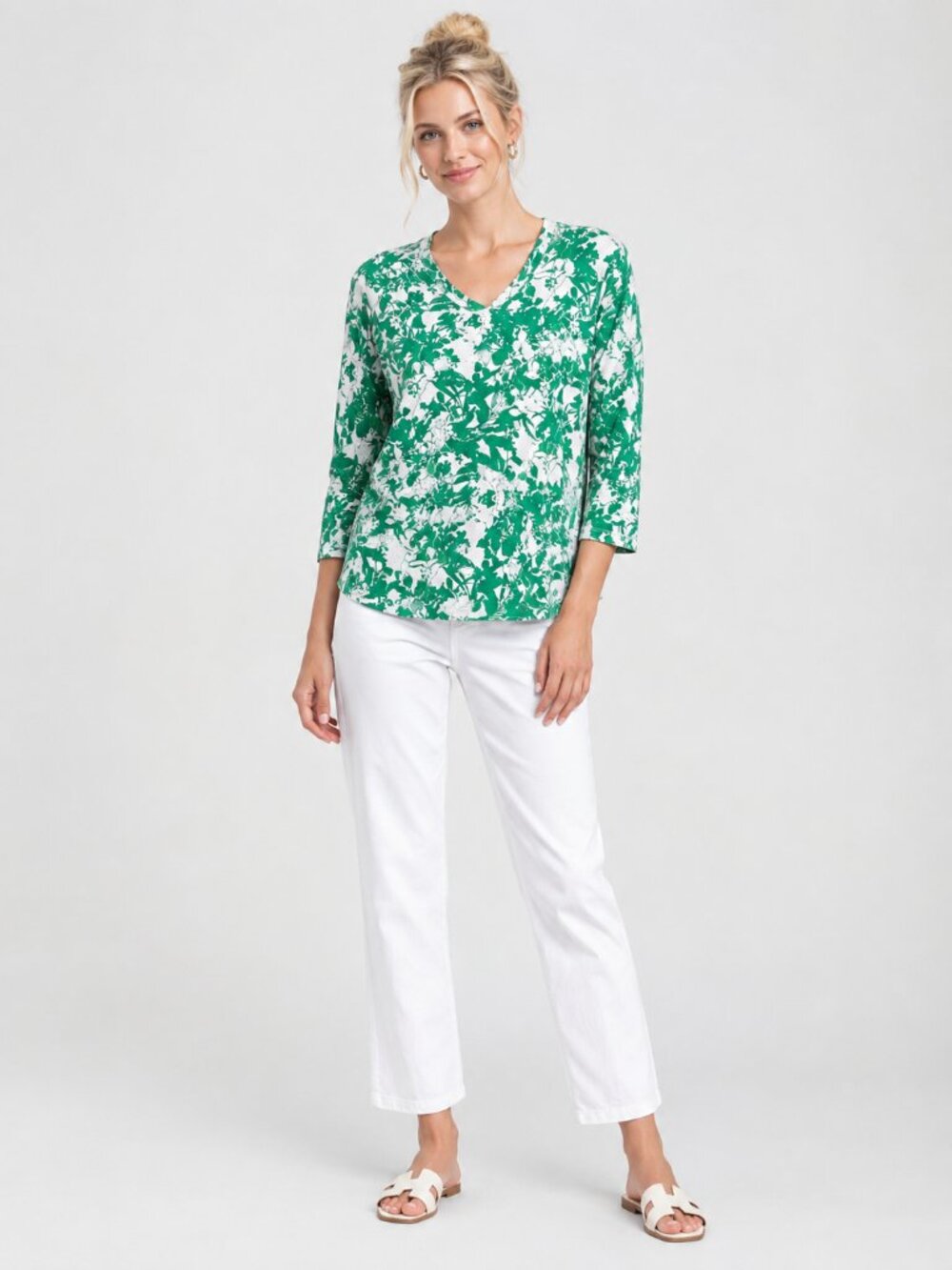 2/$30 Chico's Foliage Print Cotton V-Neck Top 3/4 Sleeve Emerald 12 #A4889